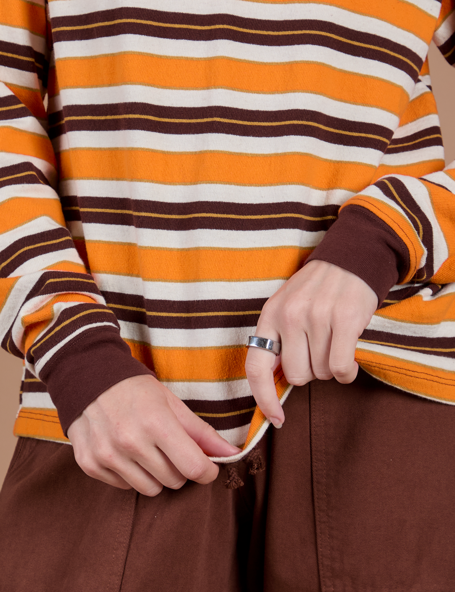 Front close up of Long Sleeve Striped Burly Tee in Orange