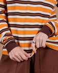 Front close up of Long Sleeve Striped Burly Tee in Orange