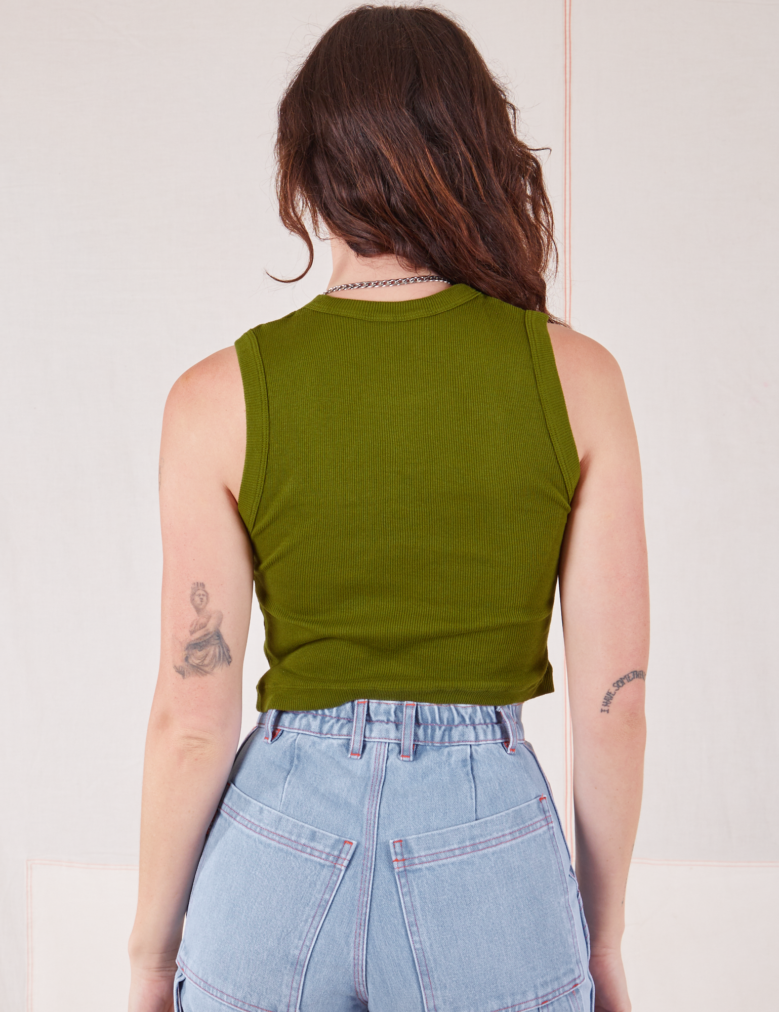 Muscle Tee in Summer Olive back view on Alex