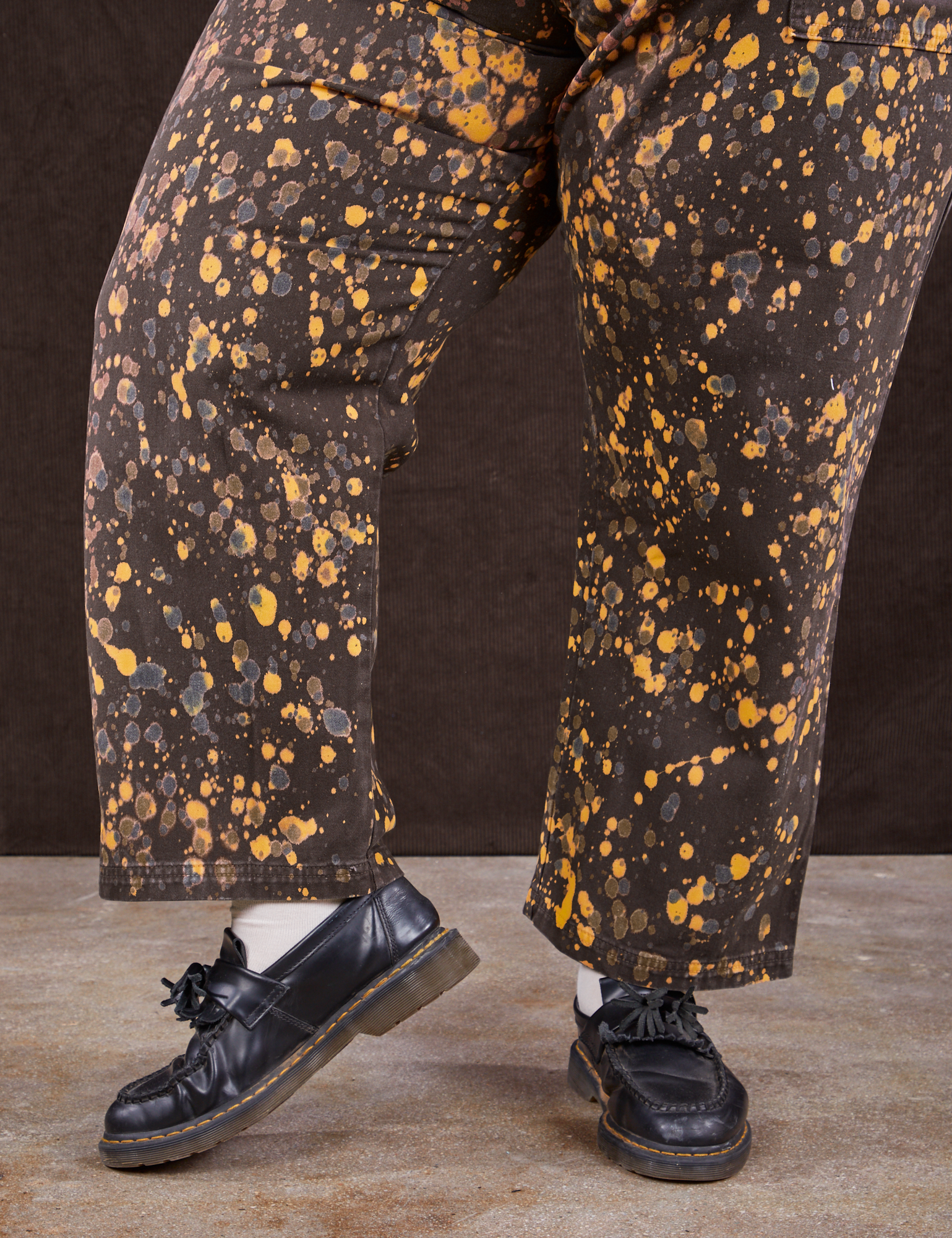 Marble Splatter Work Pants in Espresso Brown pant leg close up on Sam