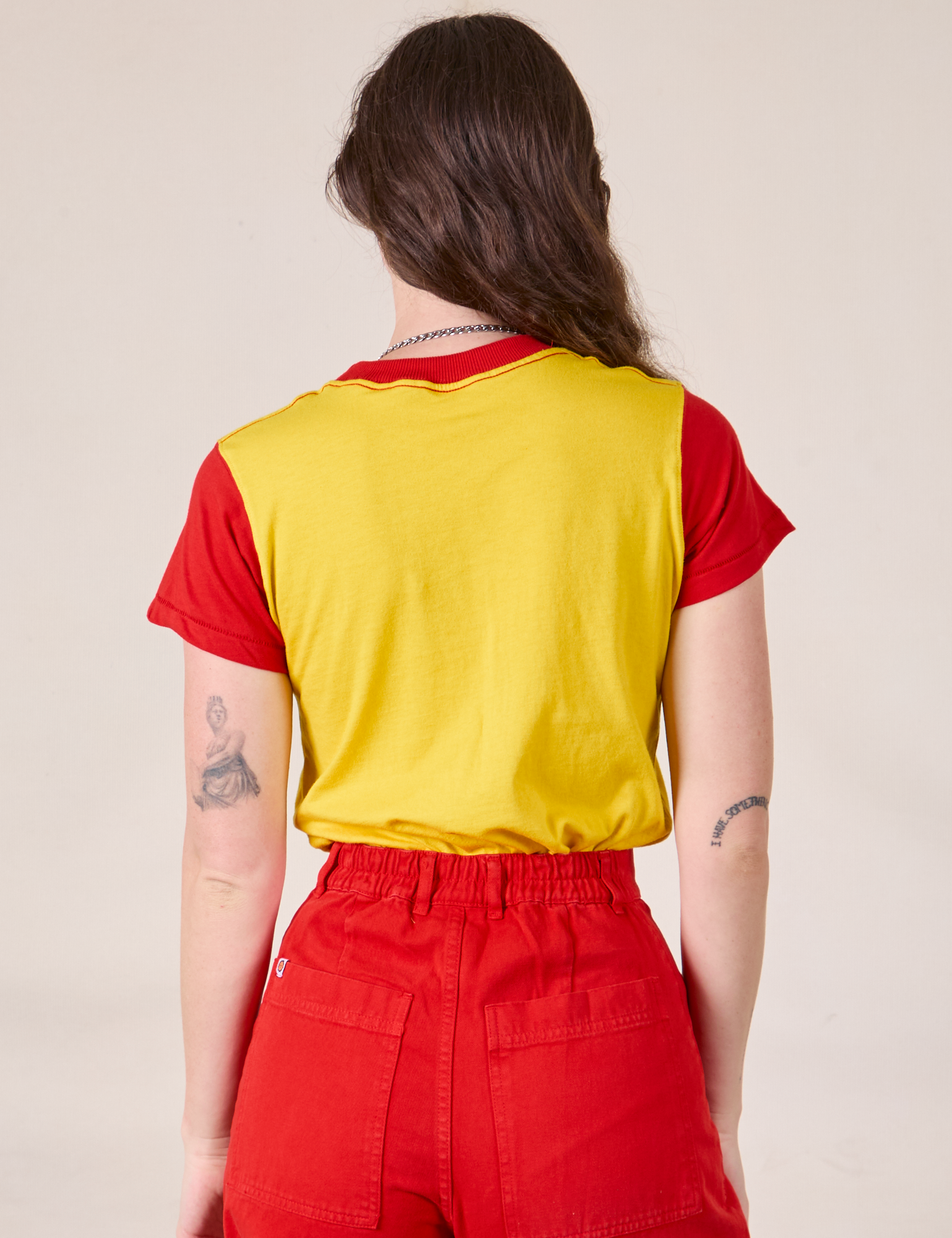 Back view of Mismatched Tee in Yellow &amp; Red on Alex