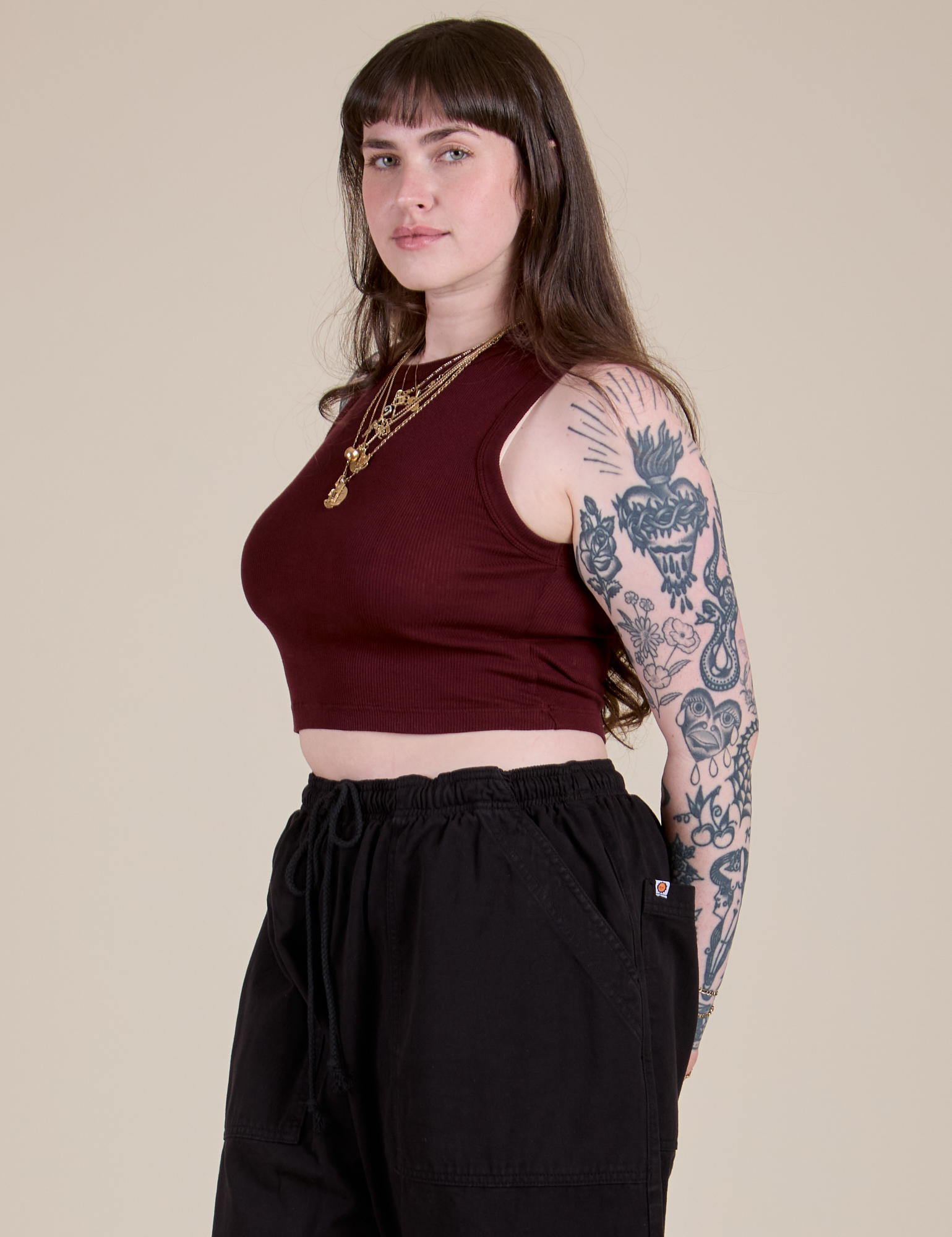 Muscle Tee in Red Wine angled front view on Sydney