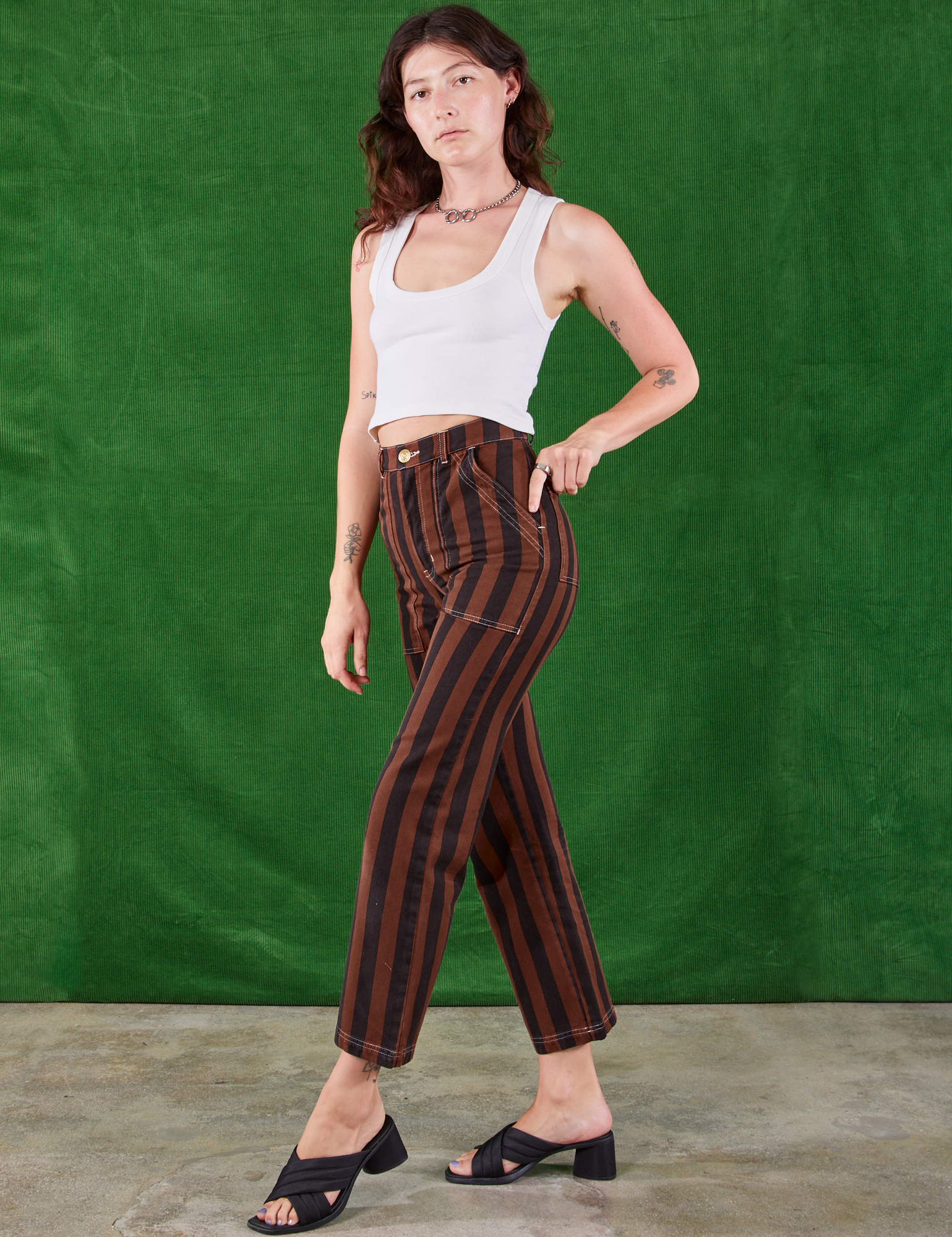 Black Stripe Work Pants in Fudgesicle Brown side view on Alex