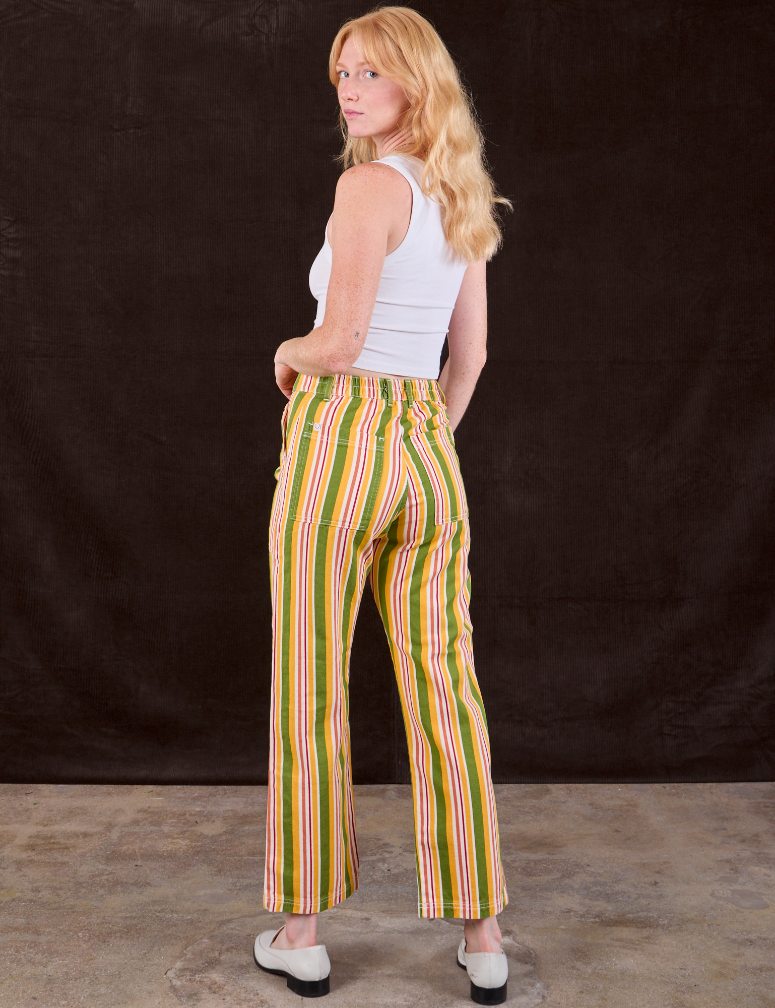 Back view of Stripe Work Pants in Vintage Sofa on Margaret