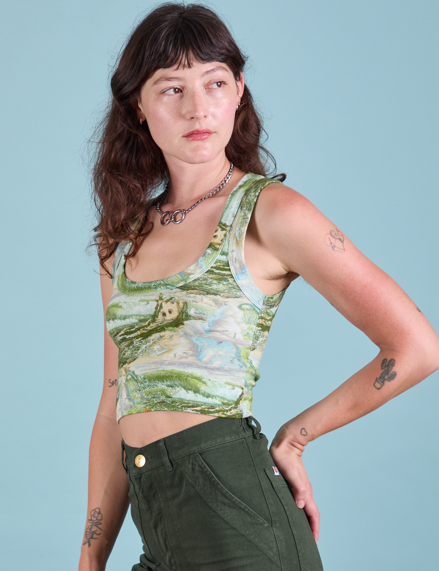 Cropped Tank Top in Ocean and Sky side view on Alex