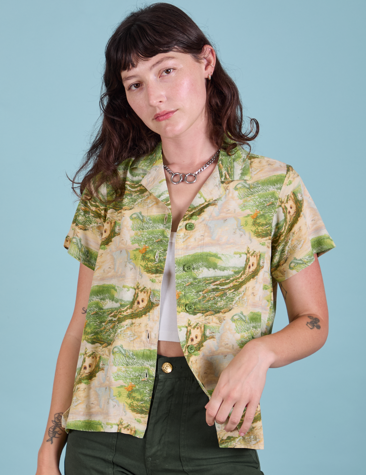 Alex is wearing Pantry Button-Up in Ocean and Sky