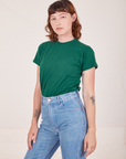 Angled view of Organic Vintage Tee in Hunter Green worn by Alex