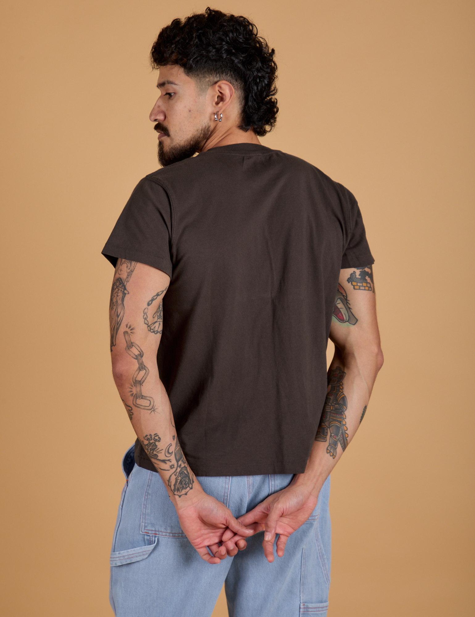 Organic Vintage Tee in Espresso Brown back view on Jesse