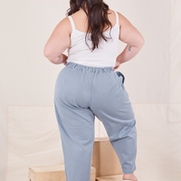 Back view of Organic Trousers in Periwinkle worn by Ashley