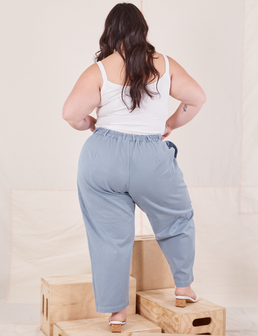 Back view of Organic Trousers in Periwinkle worn by Ashley