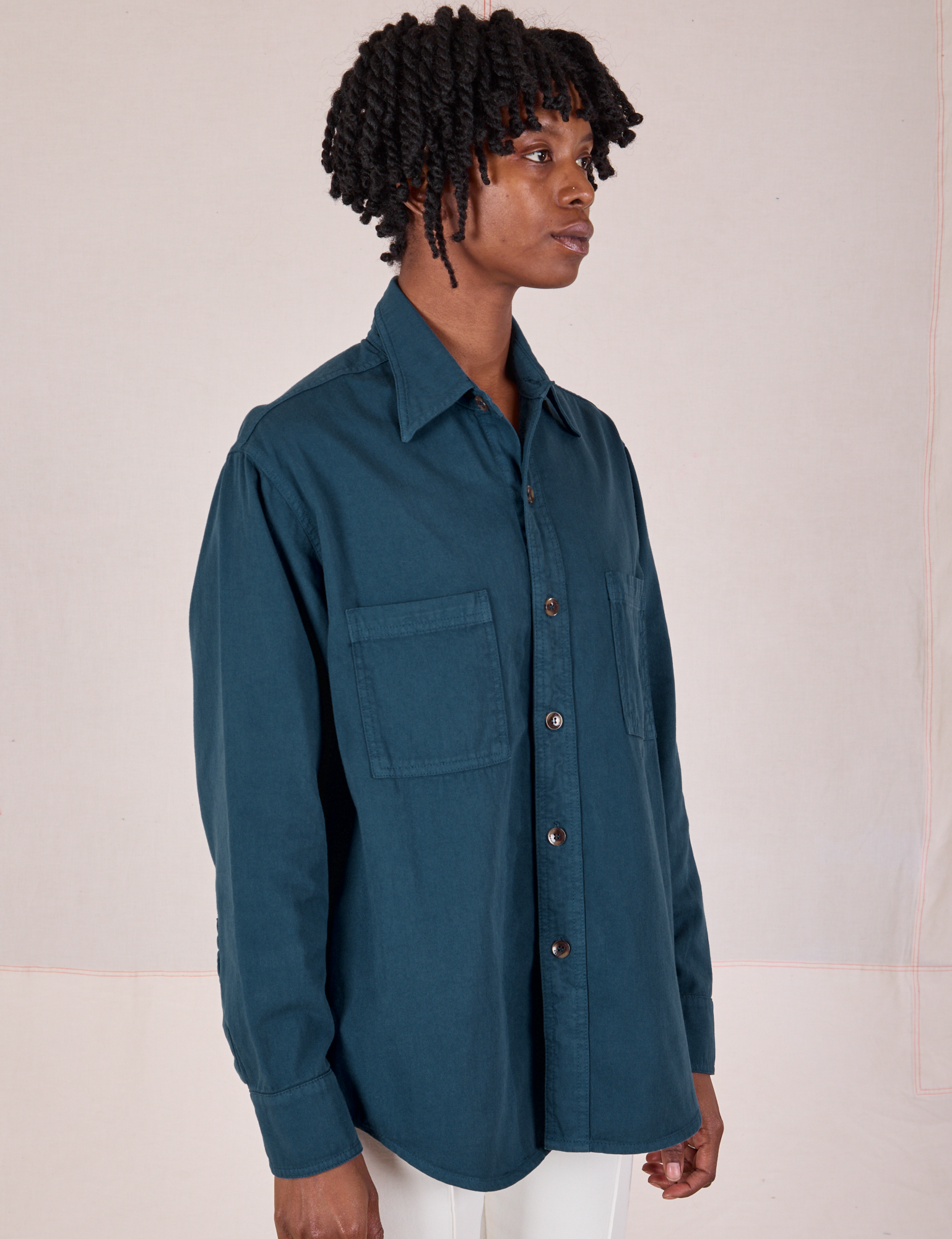 Twill Overshirt in Lagoon angled front view on Cheyann