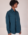 Twill Overshirt in Lagoon angled front view on Cheyann