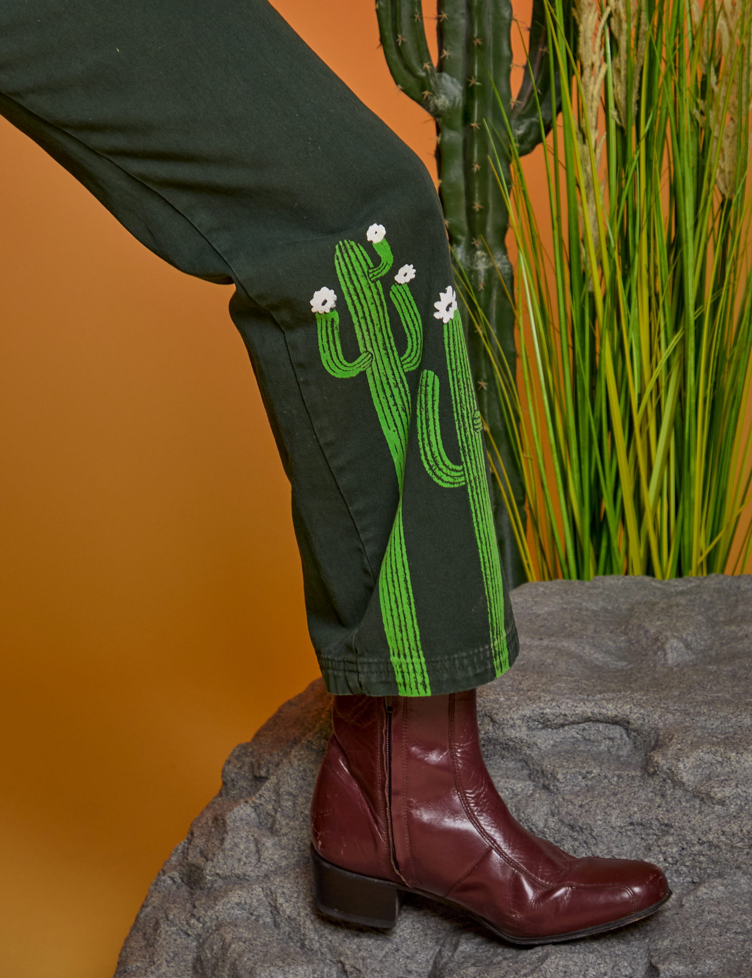 Paintstamped Work Pants in Cactus pant leg close up