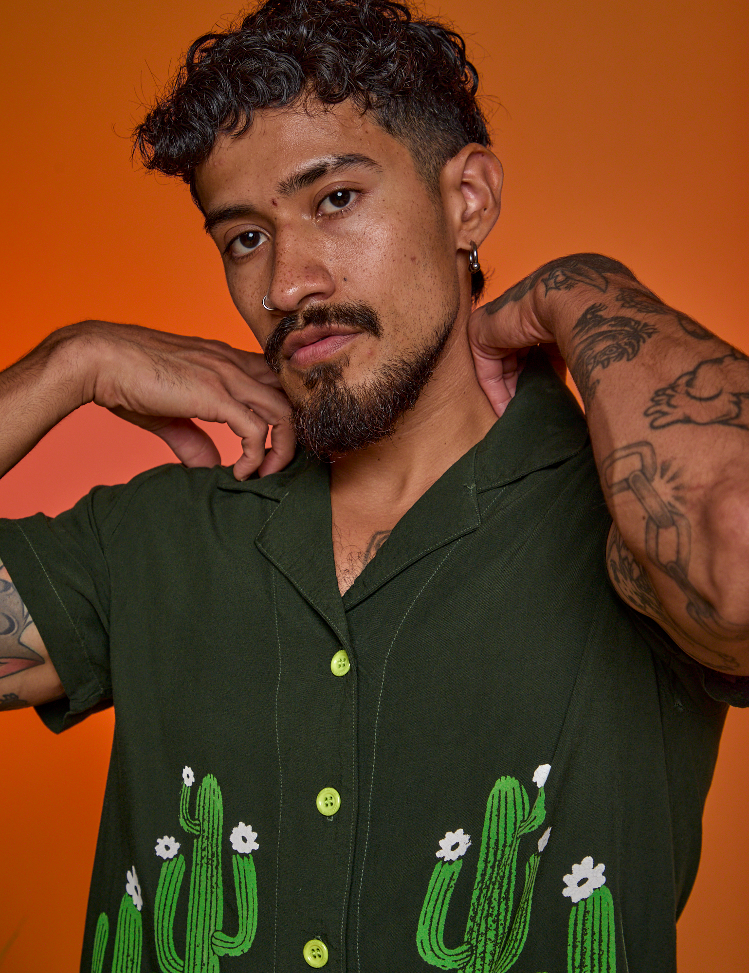 Paintstamped Pantry Button-Up in Cactus front close up on Jesse