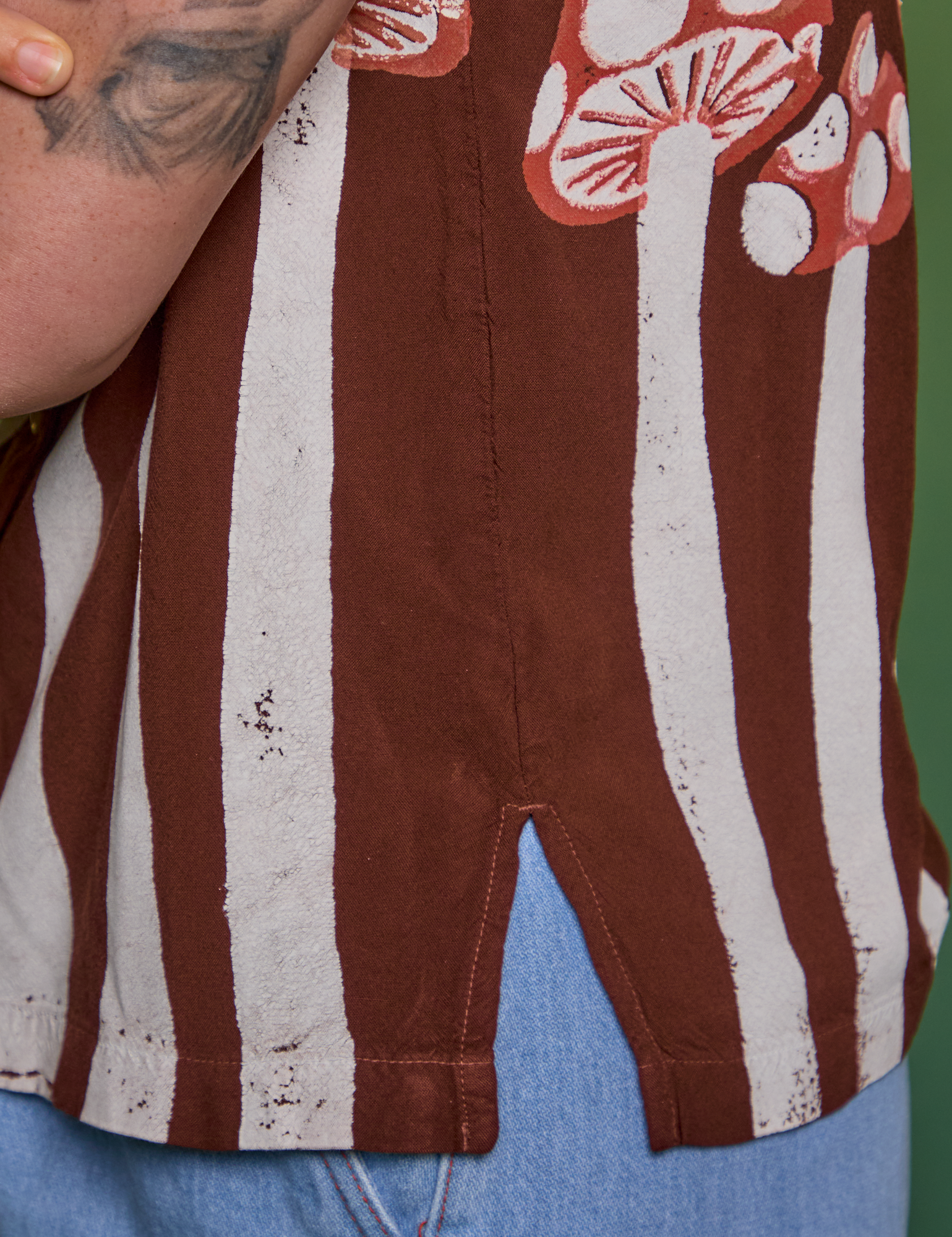 Side close up of Paintstamped Pantry Button-Up in Mushroom on Alex