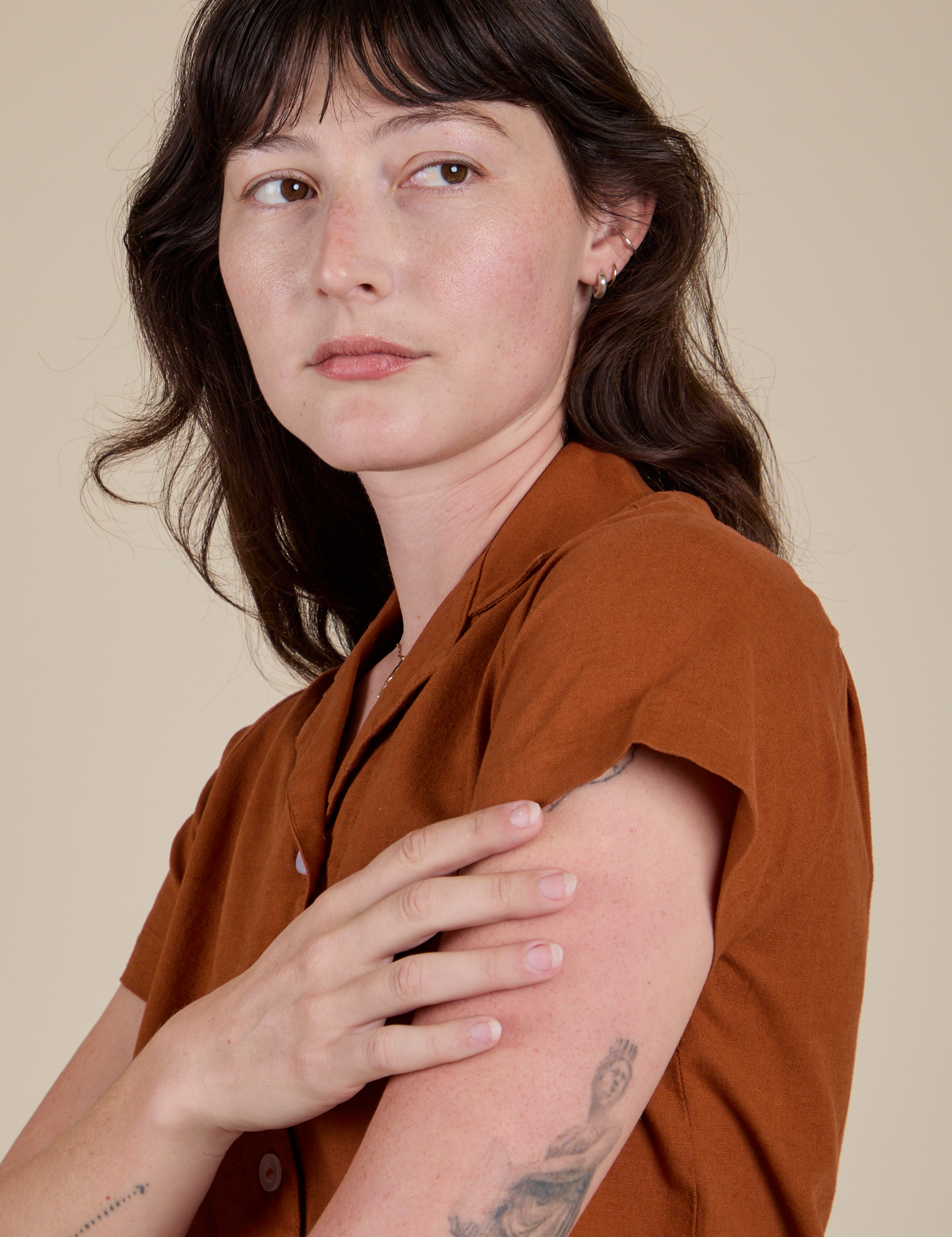 Pantry Button-Up in Burnt Terracotta close up on Alex