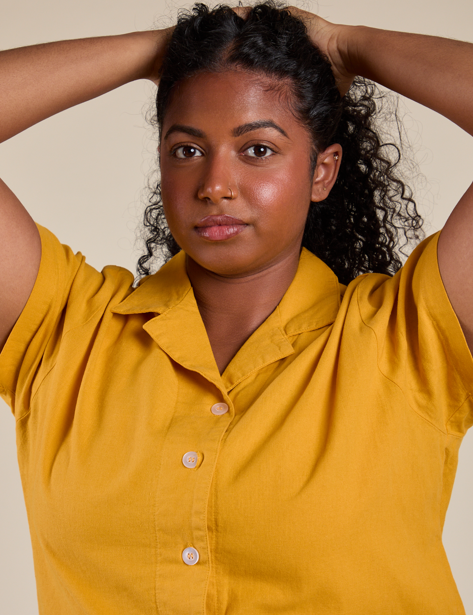 Pantry Button-Up in Mustard Yellow front close up on Meghna