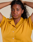 Pantry Button-Up in Mustard Yellow front close up on Meghna