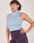 Angled front view of Sleeveless Essential Turtleneck in Periwinkle on Tiara