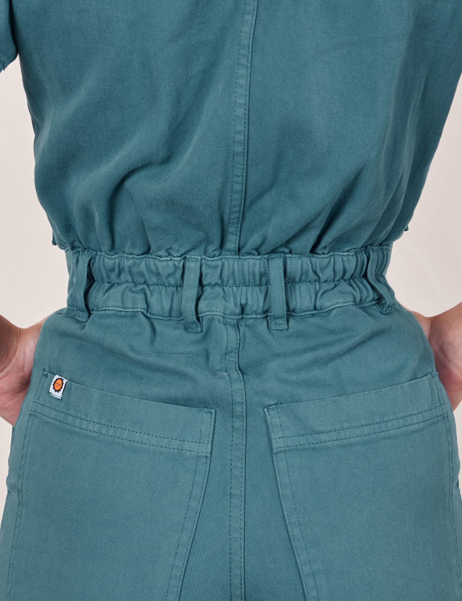 Close up of elastic in back of Petite Short Sleeve Jumpsuit in Marine Blue
