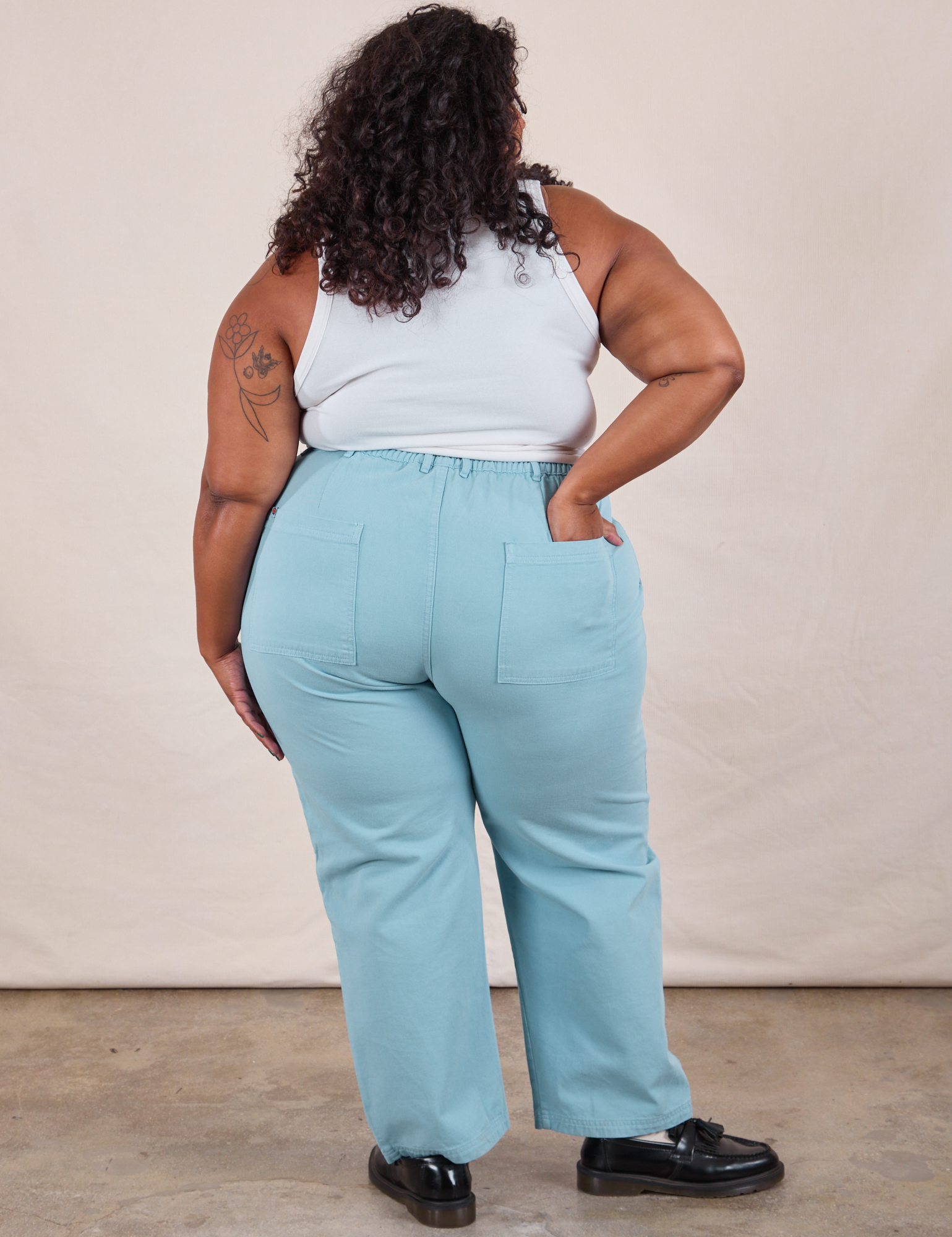 Work Pants in Baby Blue back view on Morgan