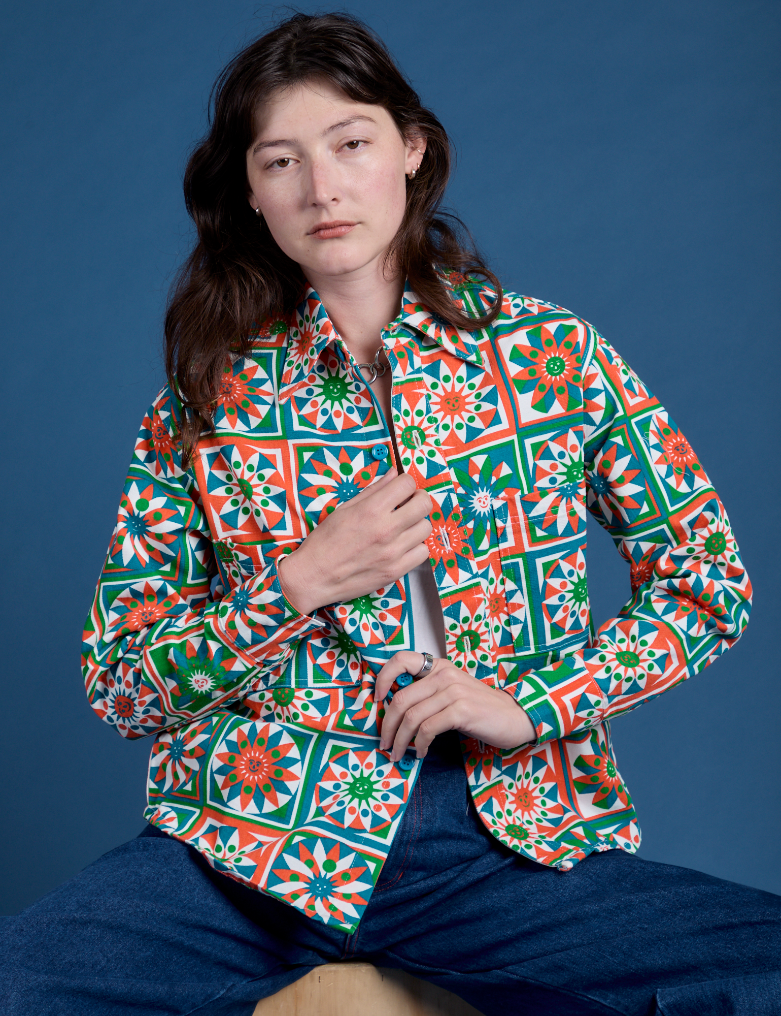 Cropped Overshirt in Quilt Print worn by Alex