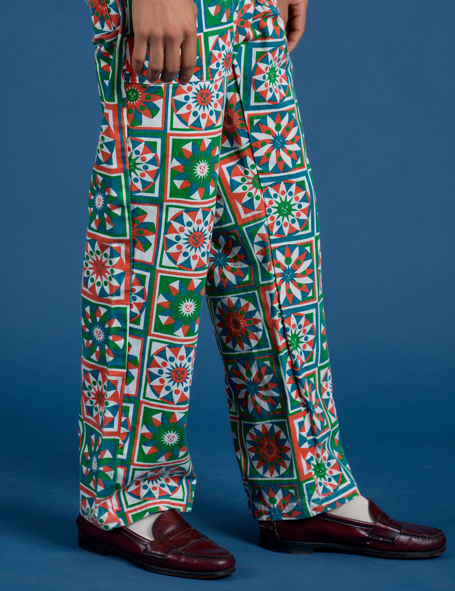 Side close up of Work Pants in Quilt Print pant legs on Anthony