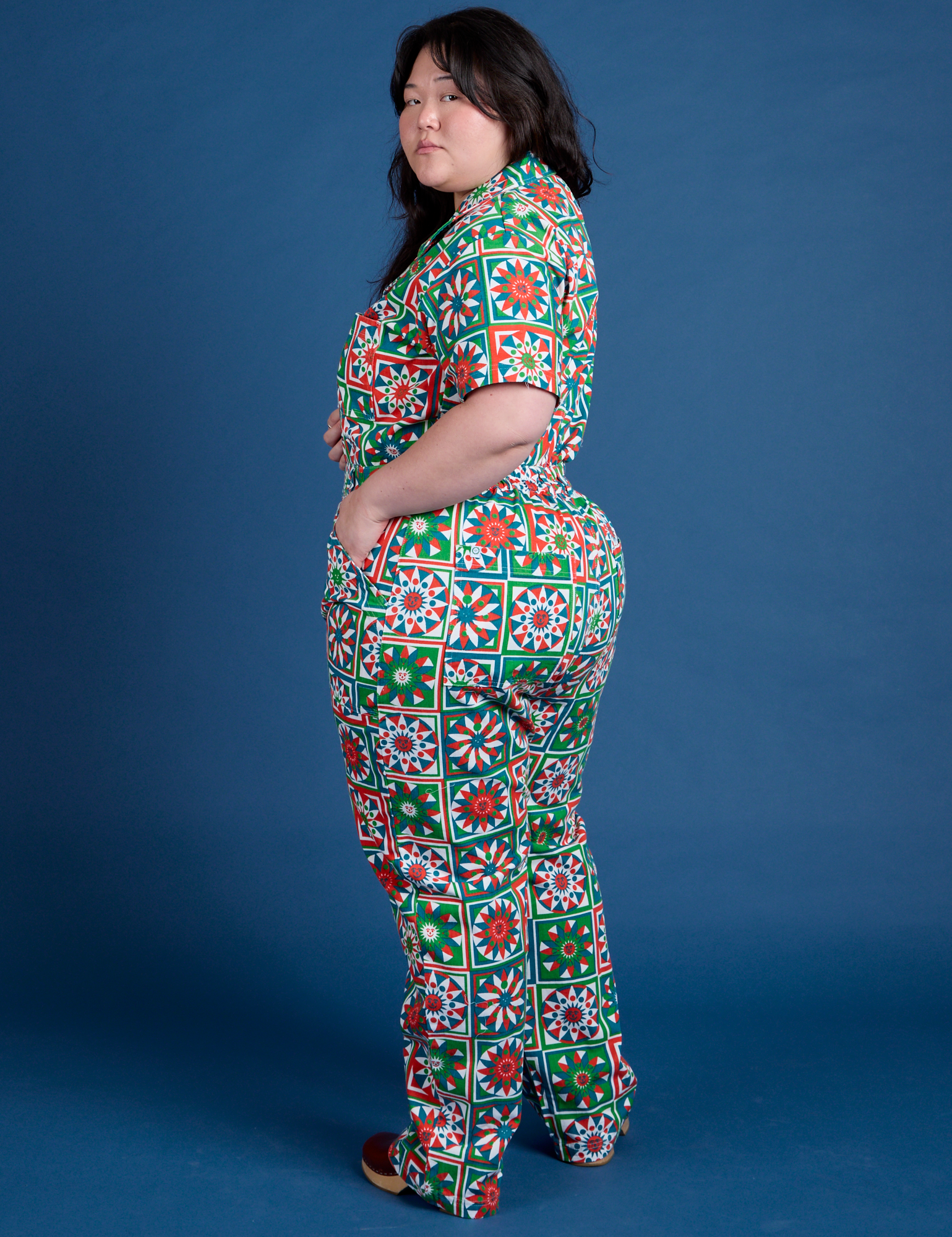 Side view of Quilt Print Jumpsuit on Ashley