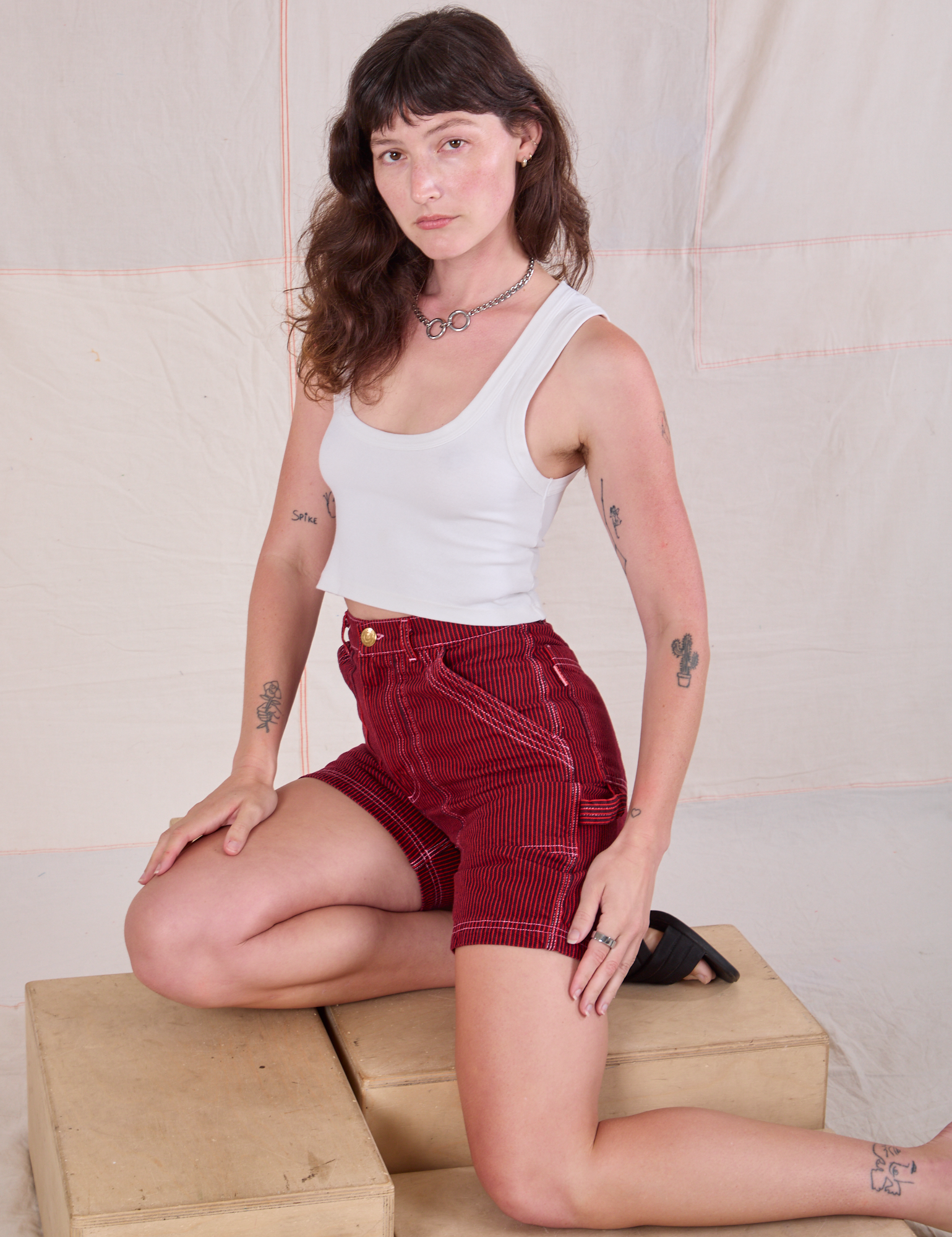 Railroad Carpenter Shorts in Mustang Red and Cropped Tank in Vintage Tee Off-White on Alex