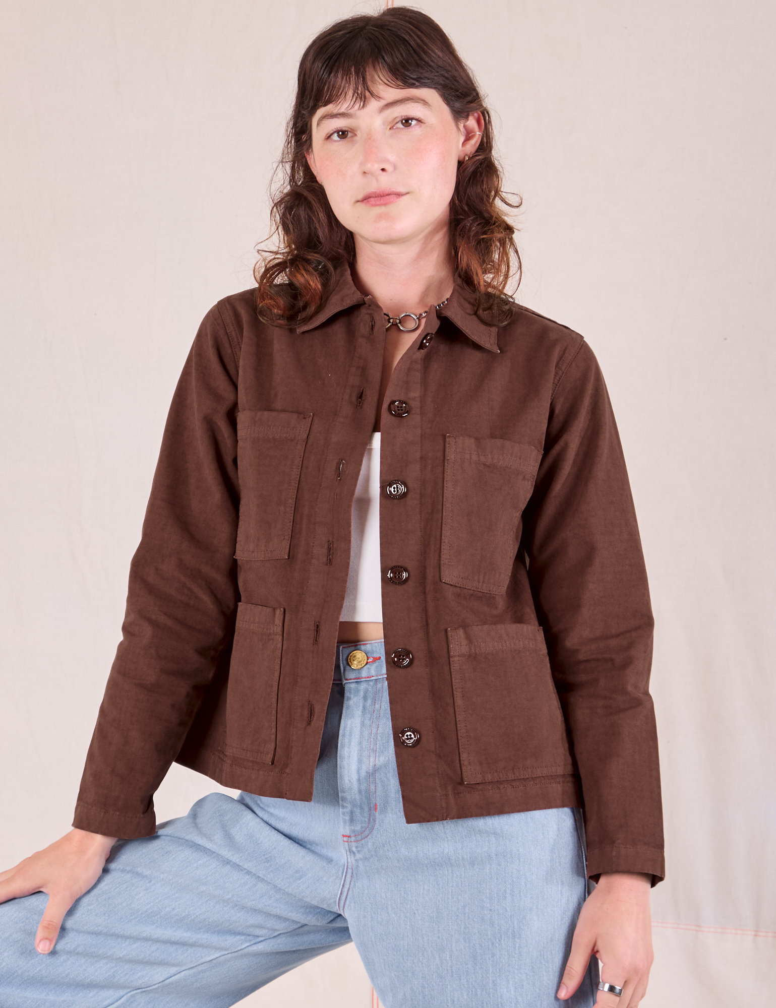 Alex is wearing Ripstop Work Jacket in Fudgesicle Brown