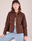 Alex is wearing Ripstop Work Jacket in Fudgesicle Brown