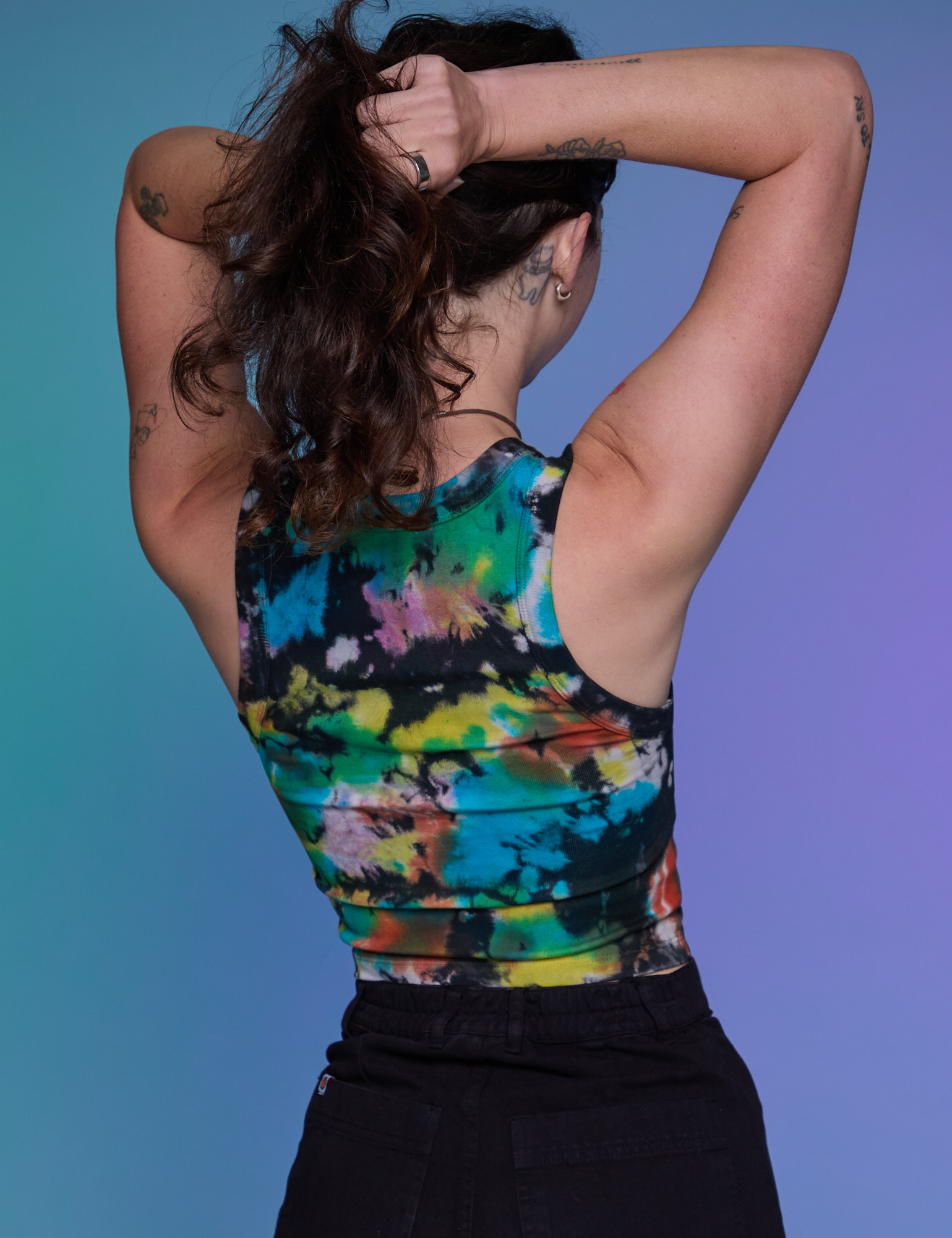 Rainbow Magic Waters Cropped Tank back view on Alex