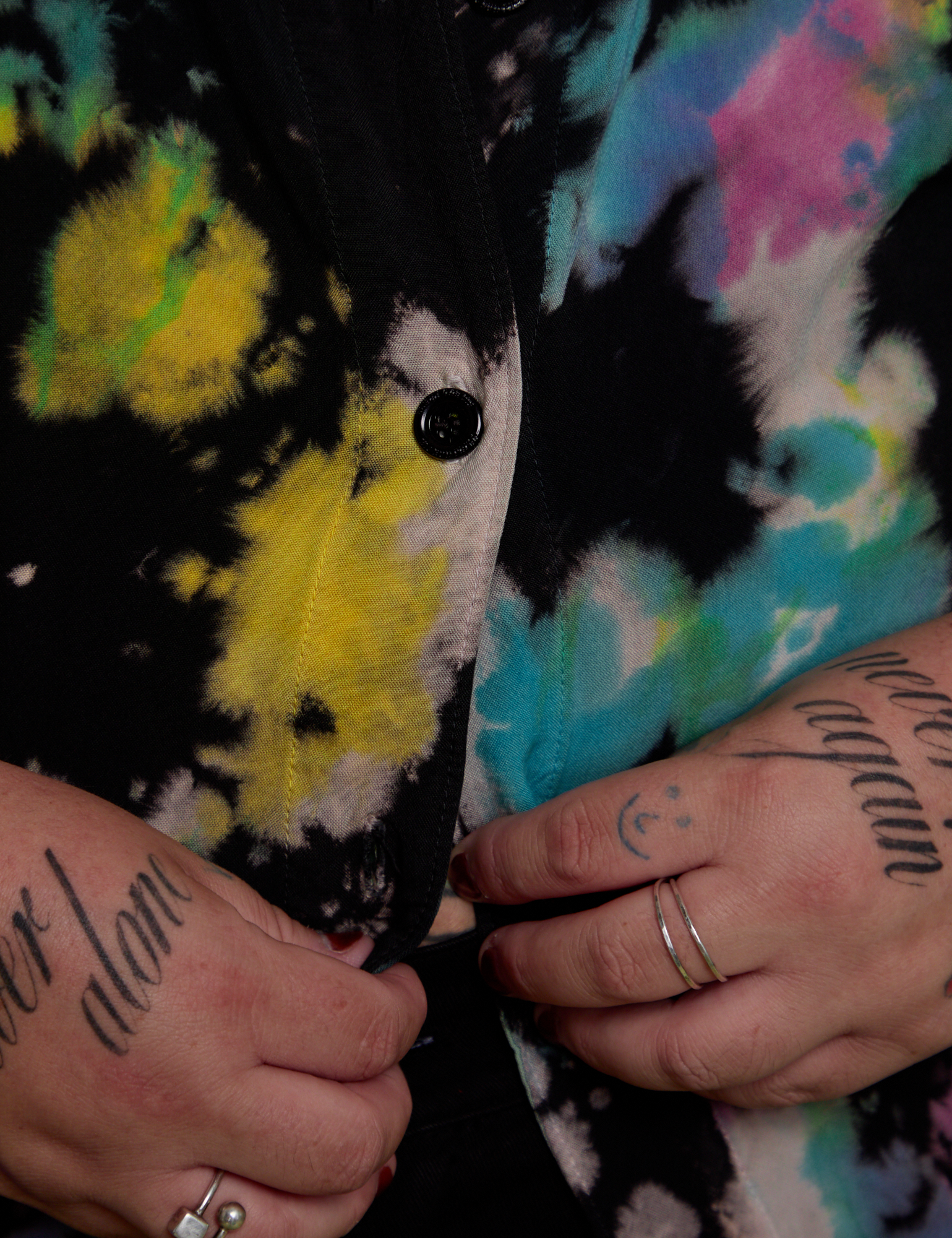 Close up of buttons on Pantry Button-Up in Rainbow Magic Waters