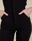 Short Sleeve Jumpsuit in Basic Black close up on Alex
