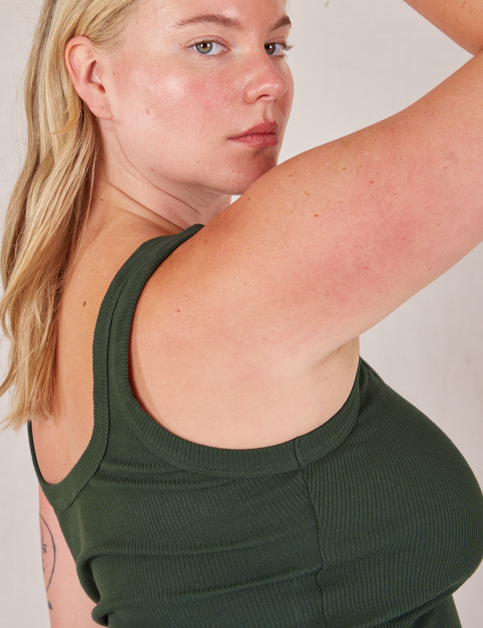 Square Neck Tank in Swamp Green side view close up on Lish