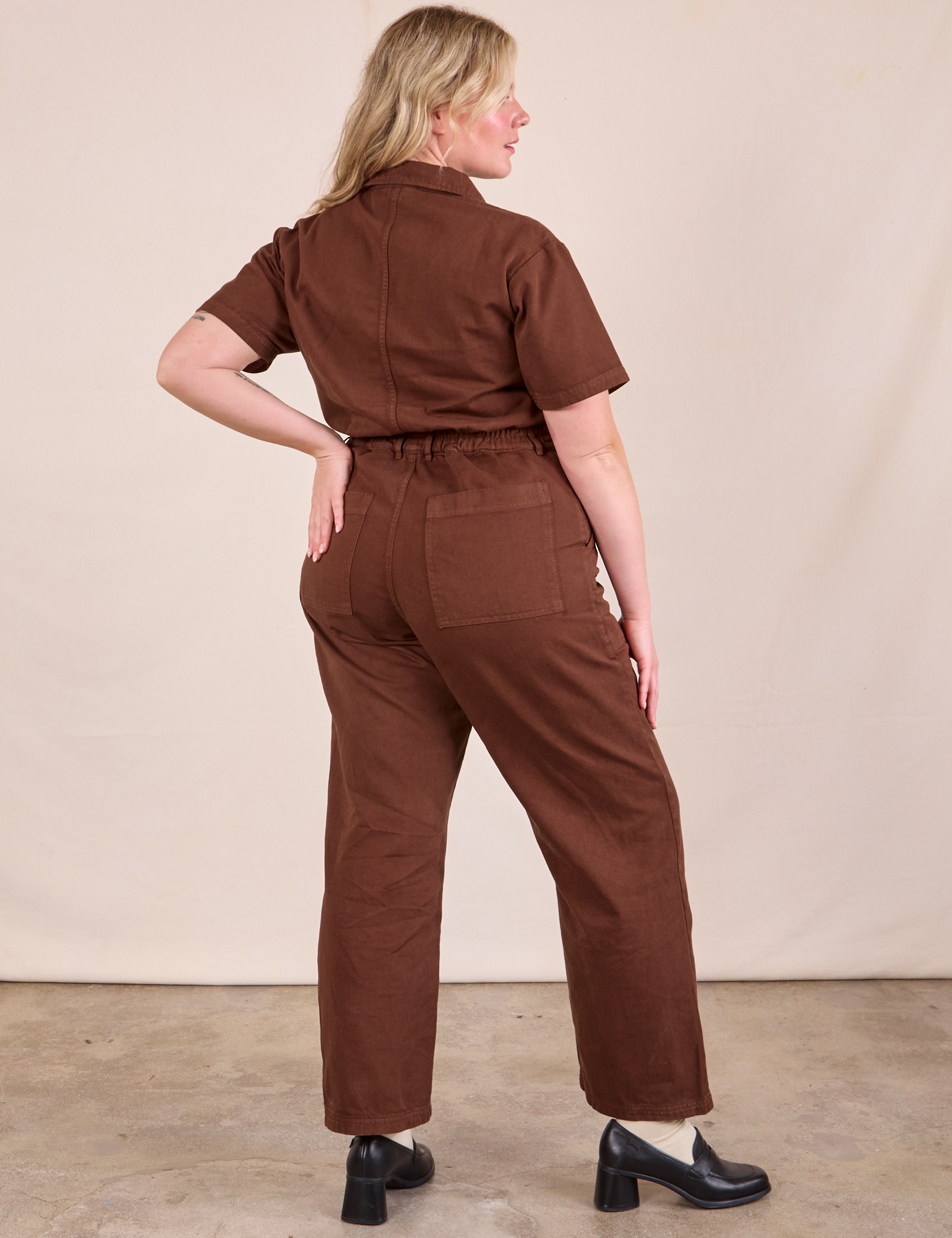 Short Sleeve Jumpsuit in Fudgesicle Brown back view on Lish