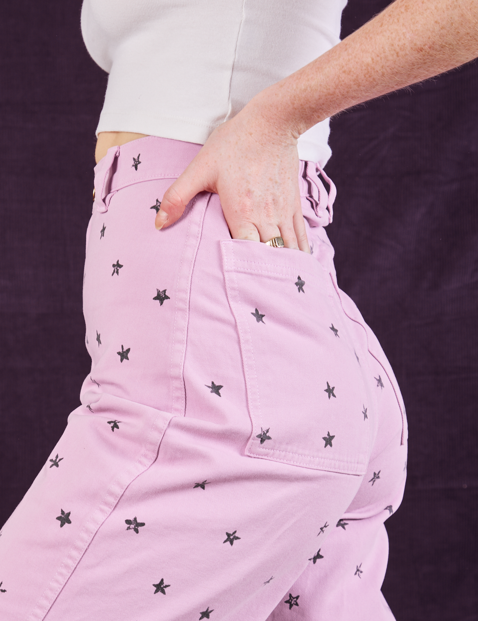 Star Bell Bottoms in Lilac Purple side close up on Margaret