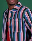 Angled front view close up of Stripe Work Jacket in Pacific Stripe on Isaac