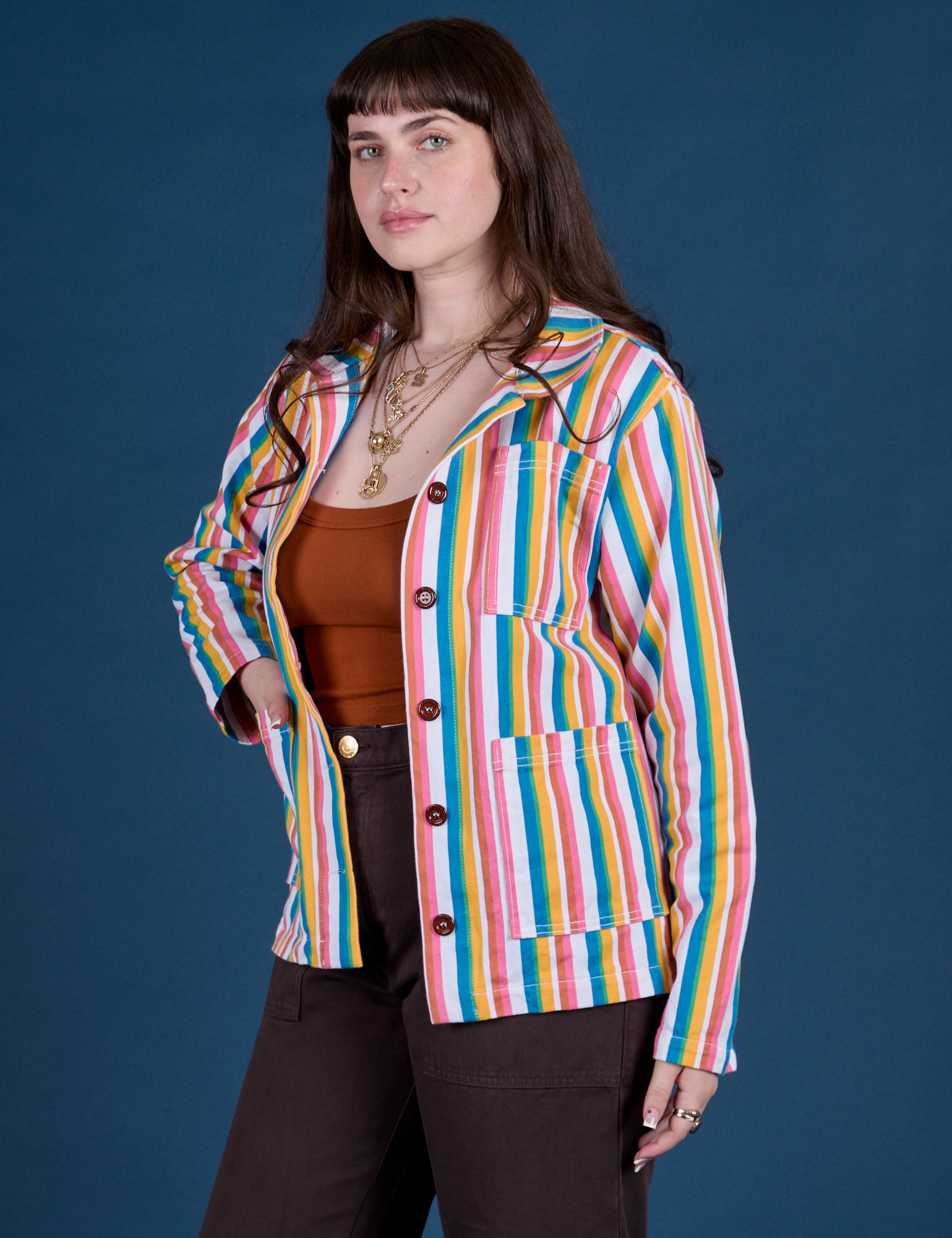 Angled front view of Stripe Work Jacket in Rainbow Stripe on Sydney