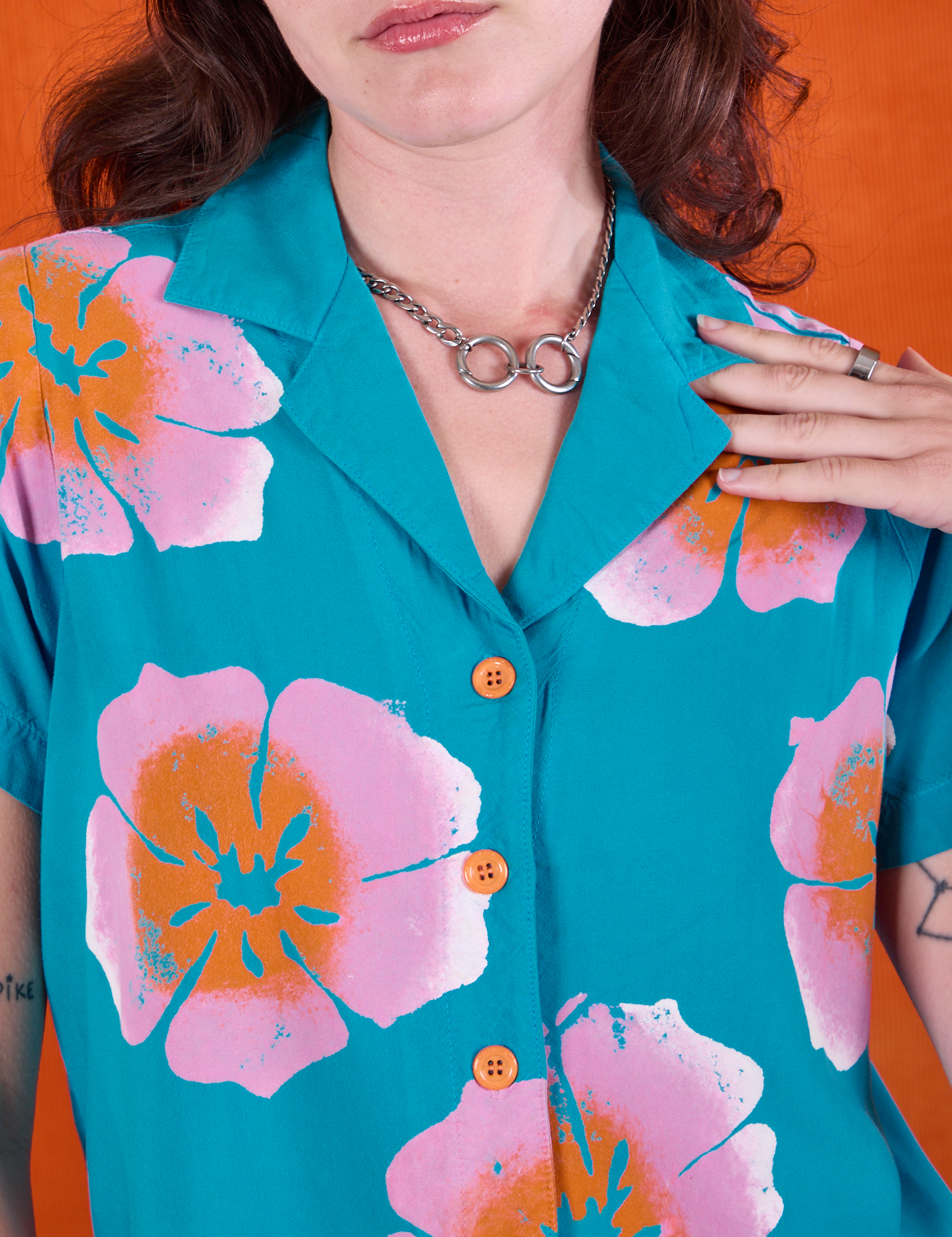 Paintstamped Pantry Button-Up in Hawaiian Blue front close up on Alex
