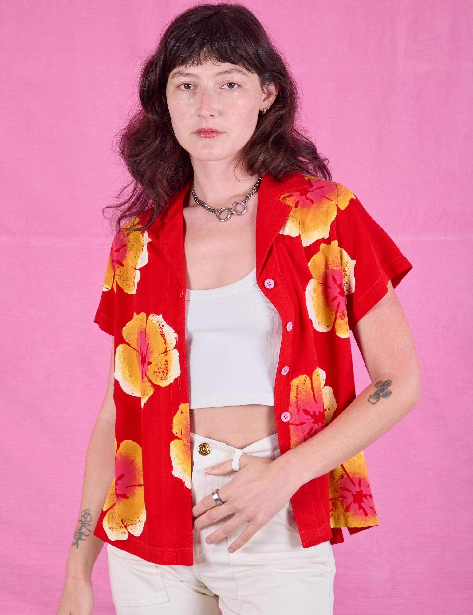 Paintstamped Pantry Button-Up in Mustang Red worn by Alex