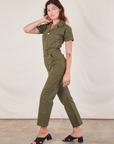 Short Sleeve Jumpsuit in Surplus Green side view on Alex