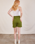 Back view of Lightweight Sweat Shorts in Summer Olive and Cropped Tank in vintage tee off-white on Margaret