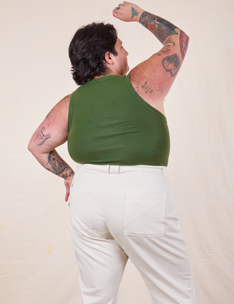 Tank Top in Dark Emerald Green back view on Sam wearing vintage off-white Western Pants