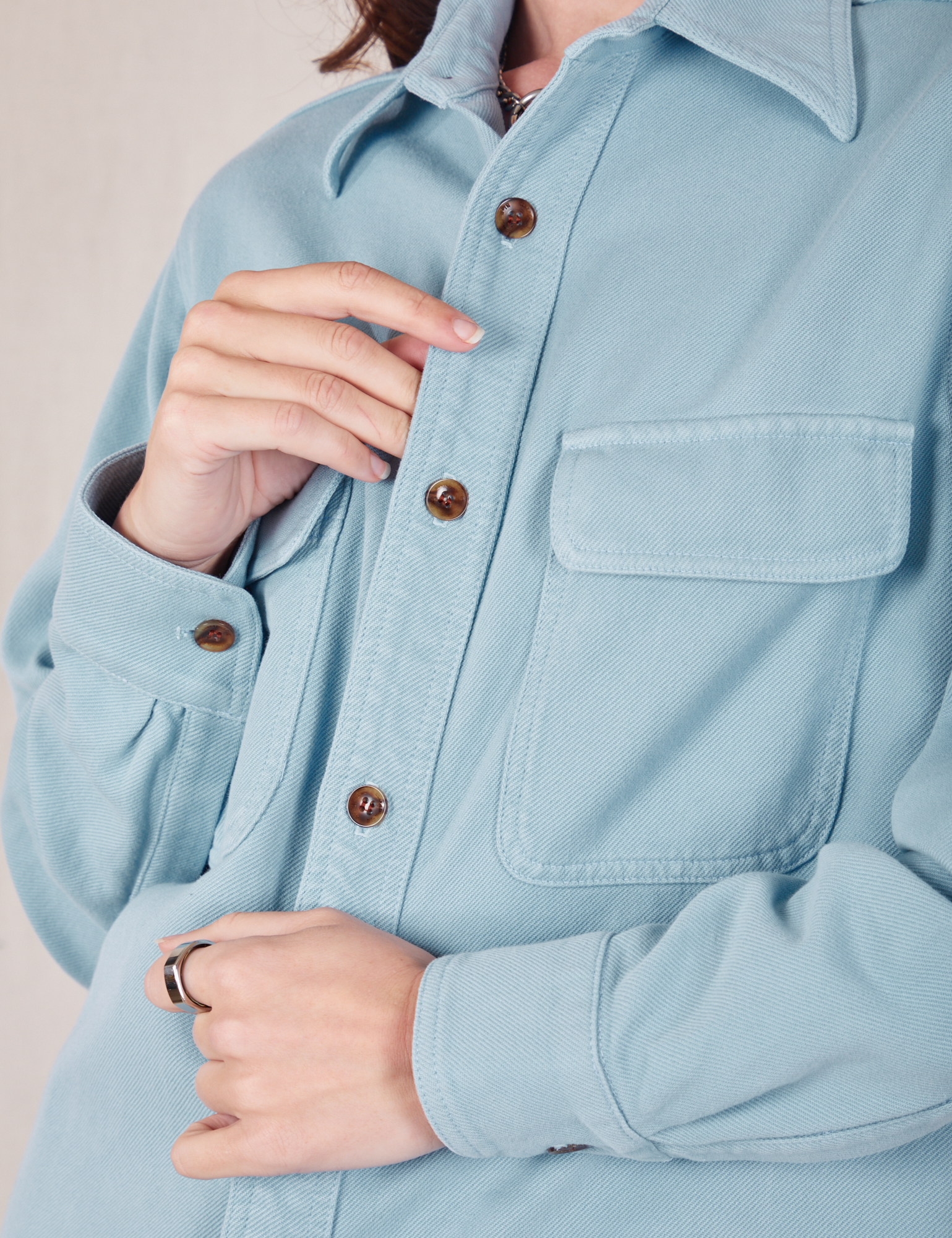 Close up of Flannel Overshirt in Baby Blue on Alex
