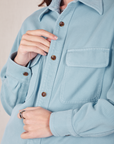 Close up of Flannel Overshirt in Baby Blue on Alex