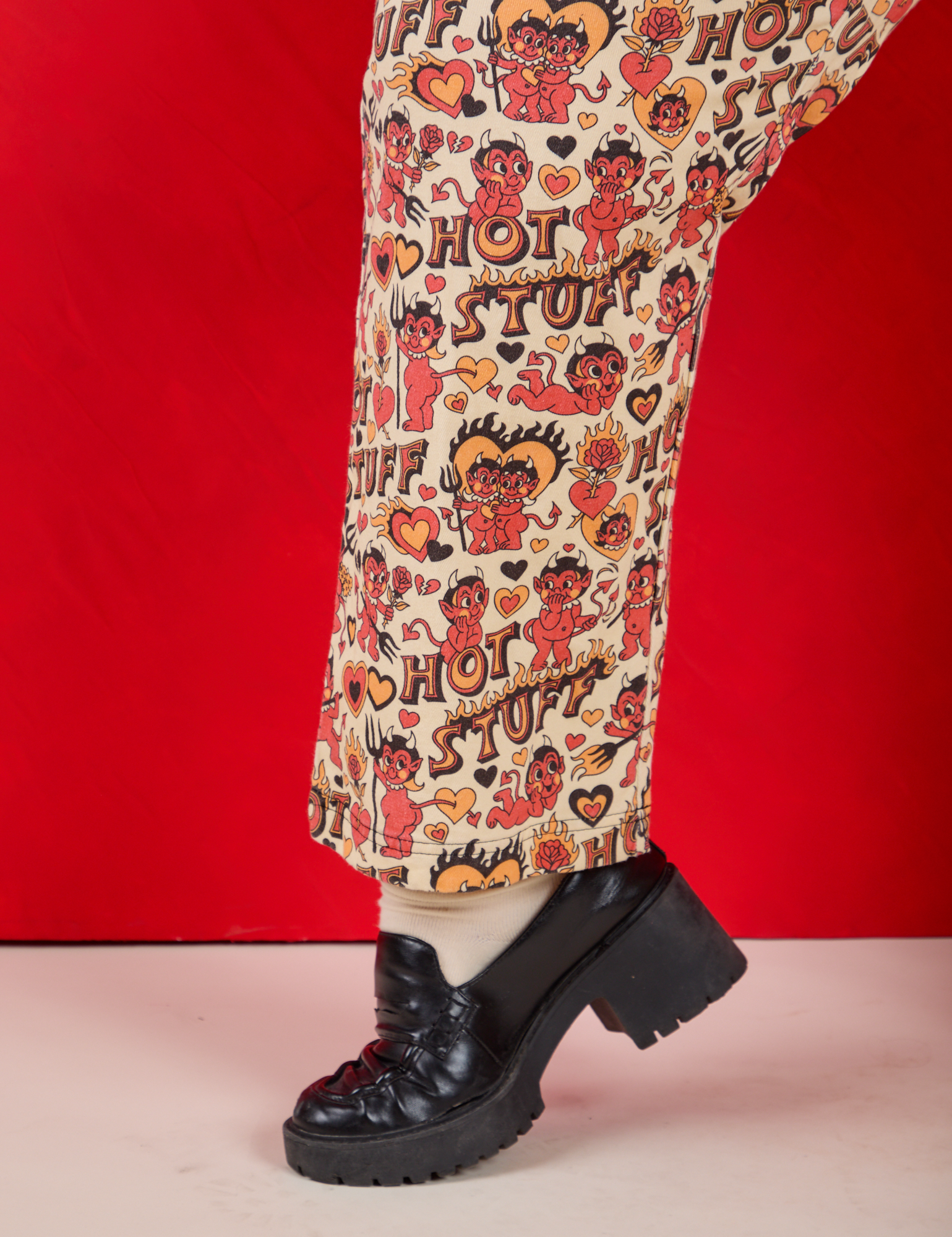 Work Pants in Hot Stuff Print pant leg close up on Juliet