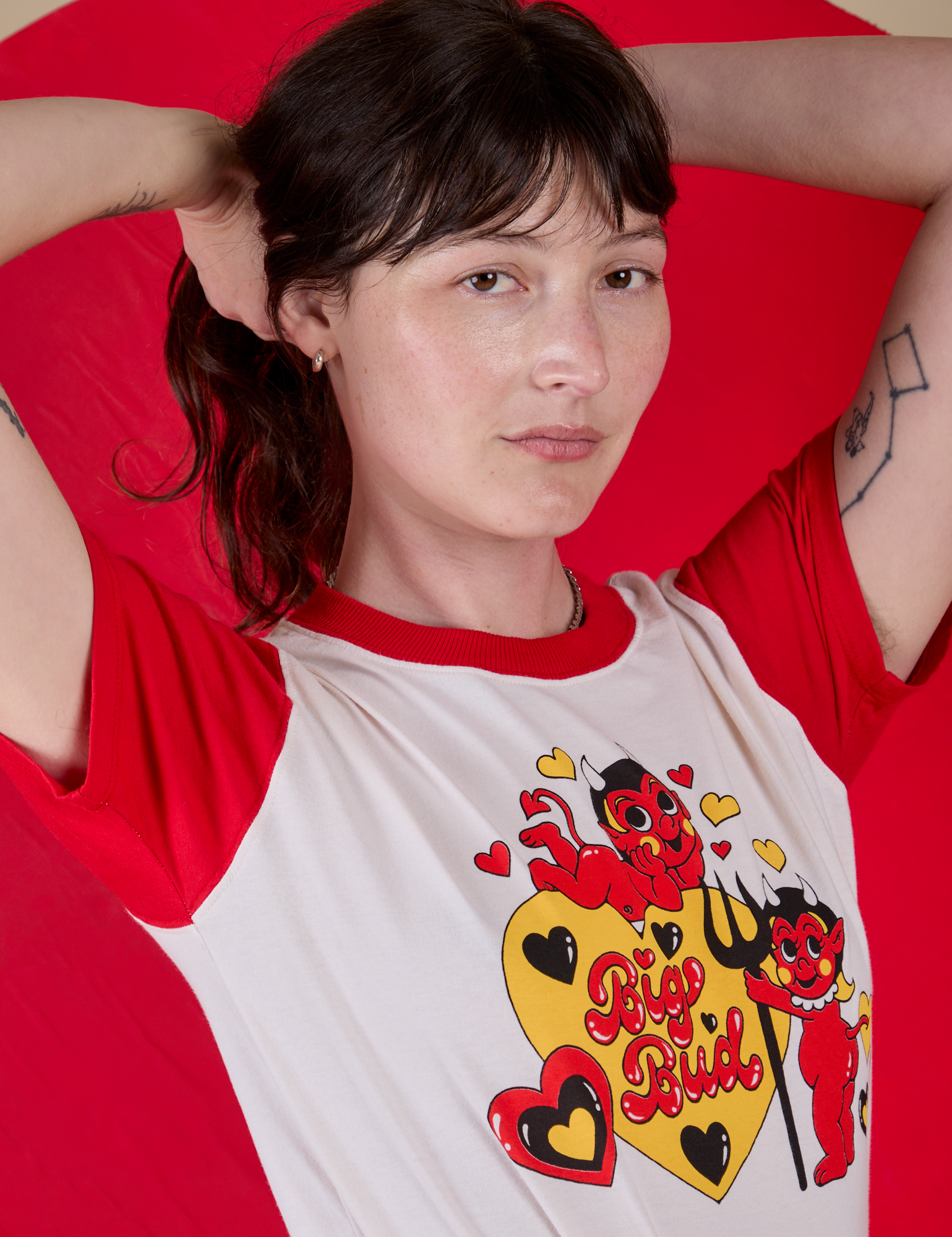 Angled front view close up of Vintage Tee in Devil Big Bud on Alex