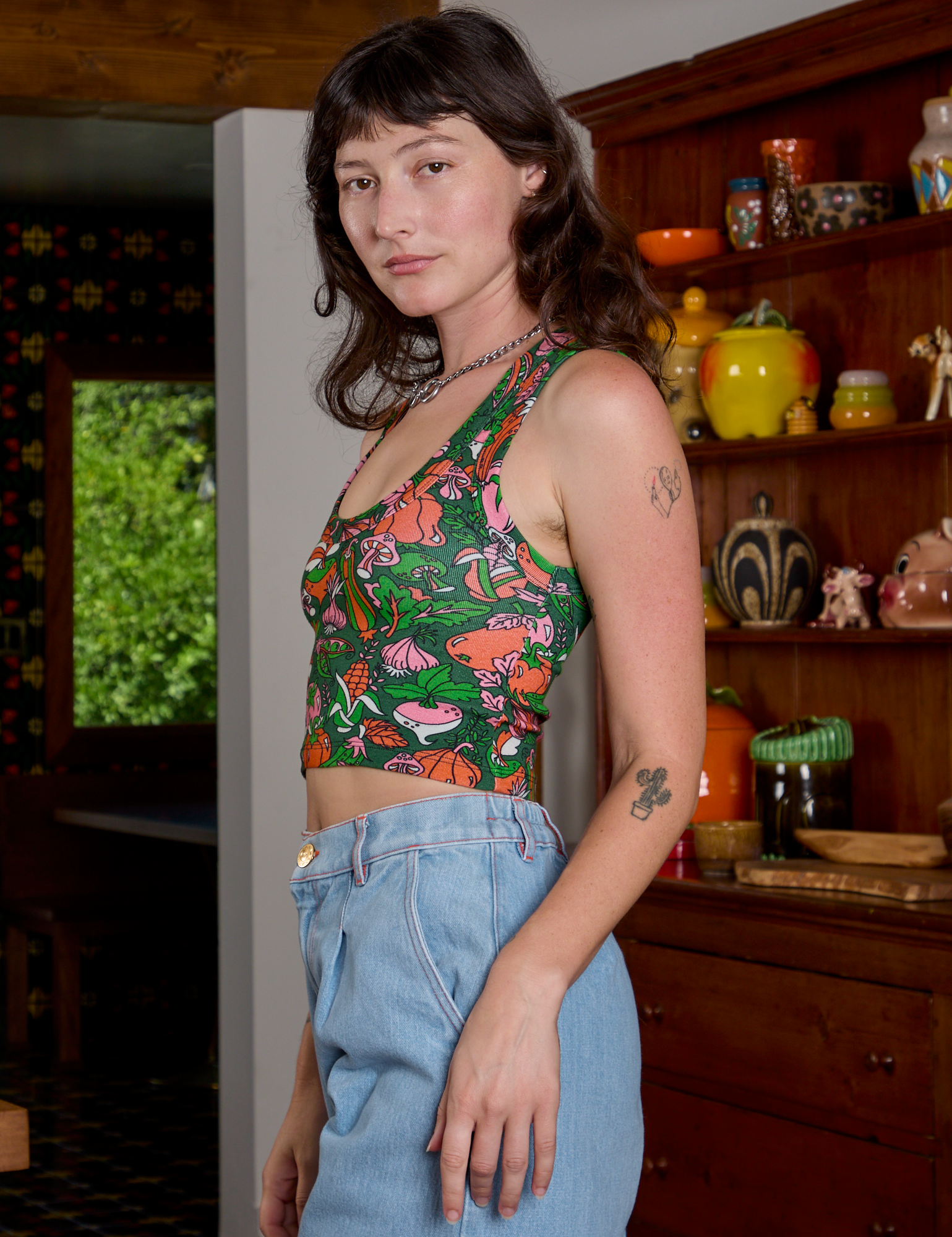 Cropped Tank Top in Kitchen Collection side view on Alex