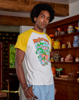 Angled front view of Short Sleeve Raglan Tee in Mushrooms on Jerrod